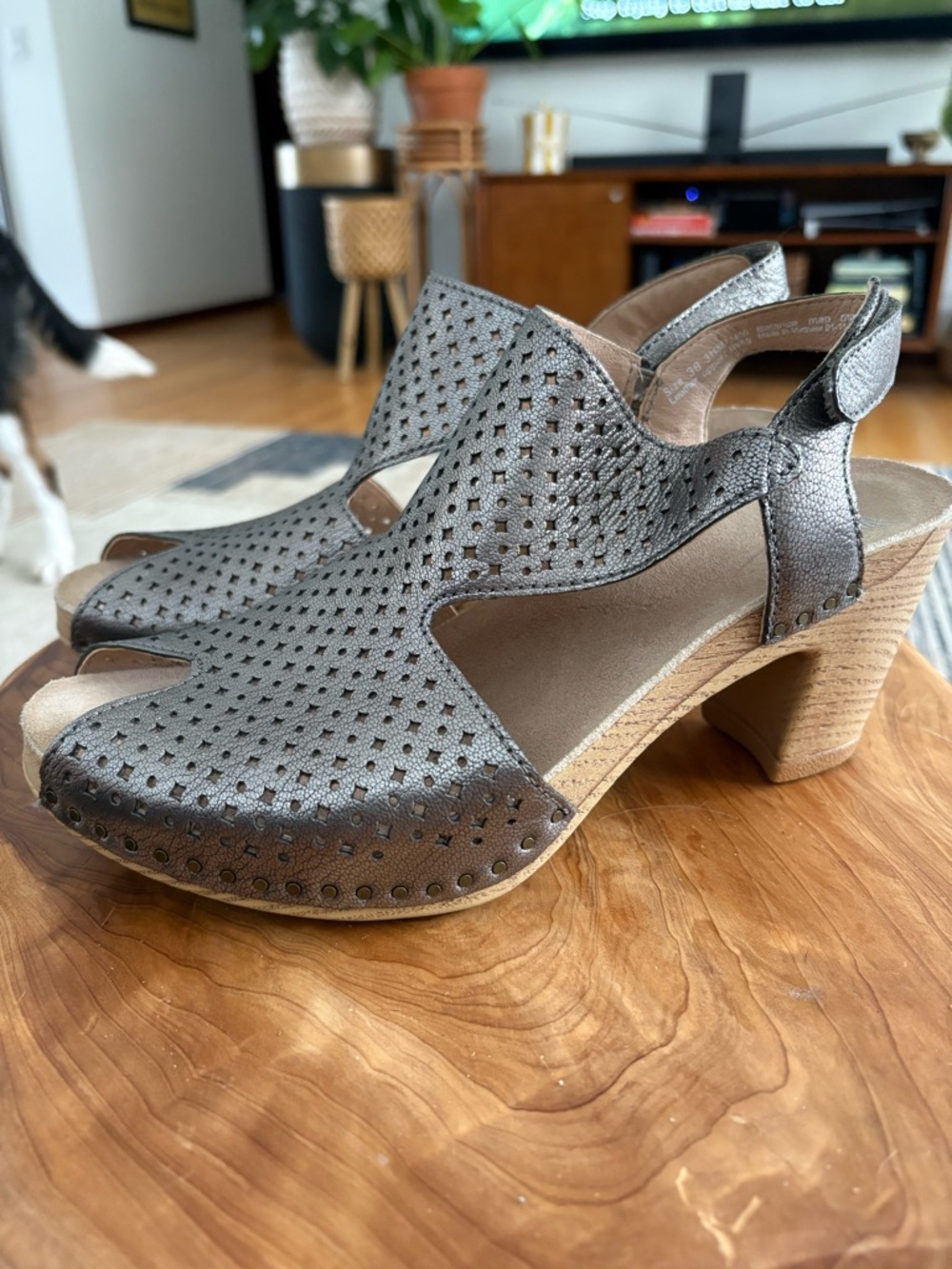 Dansko Metallic Pewter Perforated Slingback Heeled Clog